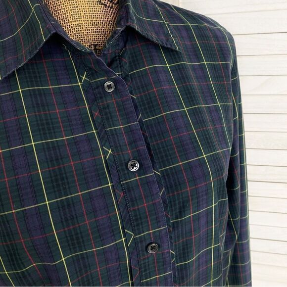 Tommy Hilfiger Plaid Ruffle Cuff Trim Button Front Shirt Green Navy Medium - Picture 6 of 15